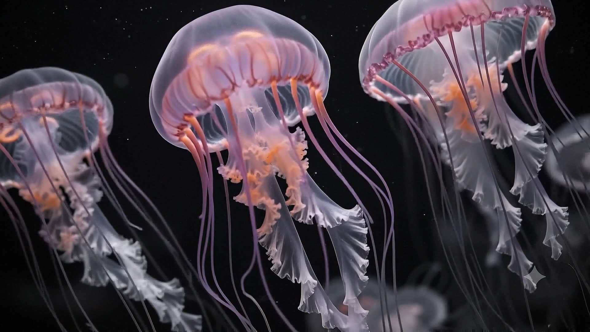 Švytinčios spalvotos meduzos tamsiame vandenyne